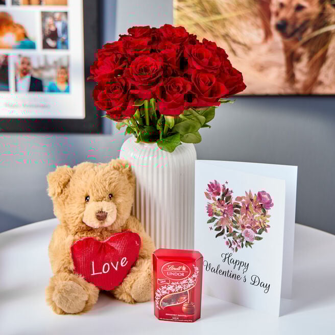 Blossoming Gifts 12 Red Roses, Chocolates, Bear & Valentine's Card Bundle - Free Delivery!