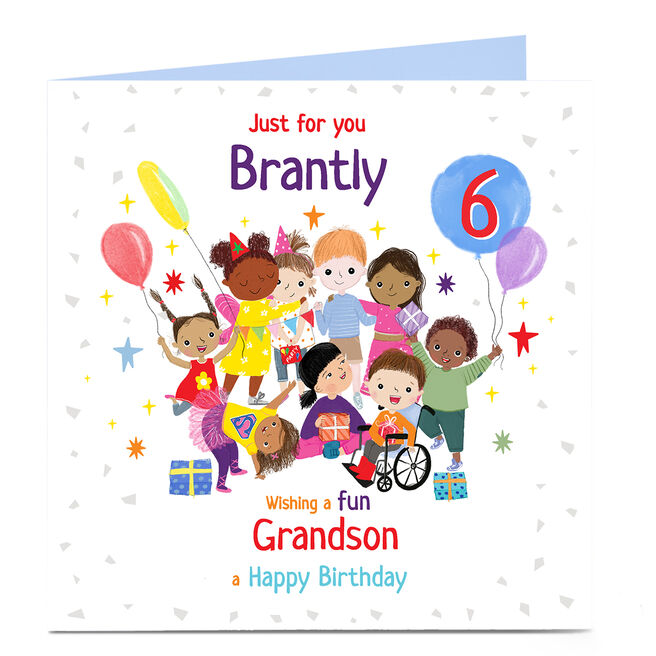 Personalised Birthday Card - Children at Party, Grandson, Editable Age