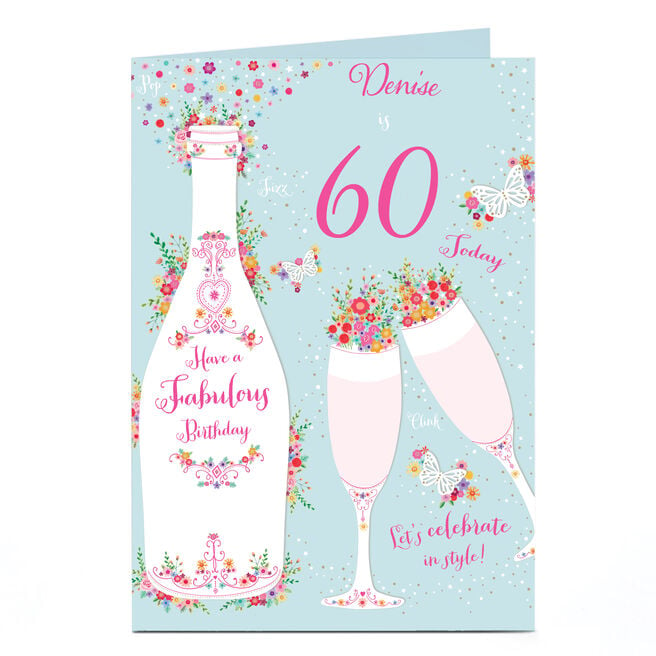 Personalised Birthday Card - Champagne & Flowers, Editable Age