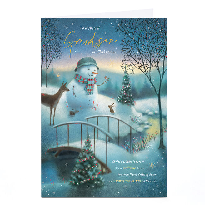 Personalised Christmas Card - Snowman Across a Bridge, Grandson