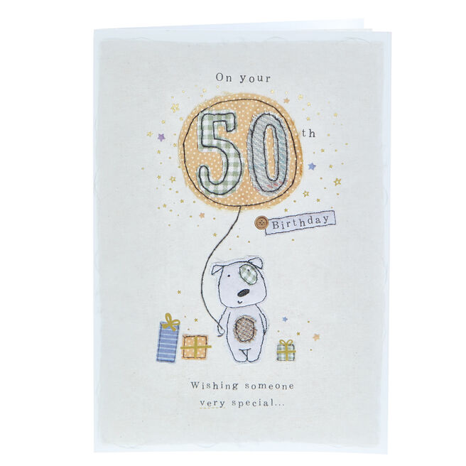 50th Birthday Card - Stitched Dog & Balloon 
