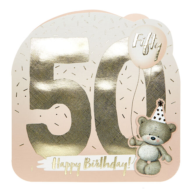 Hugs Bear 50th Birthday Card - Rose Gold