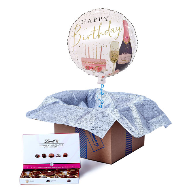 Champagne Happy Birthday Balloon & Lindt Chocolates - FREE GIFT CARD!