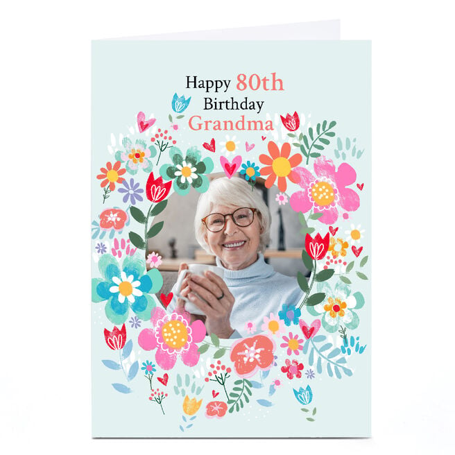 Photo Lindsay Loves to Draw 80th Birthday Card - Flower Frame Editable Age & Name