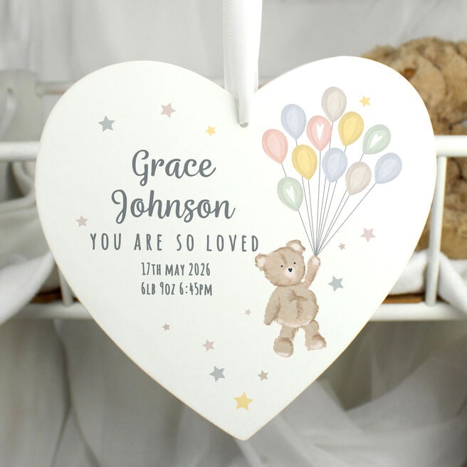 Personalised Teddy & Balloons White Wooden Heart