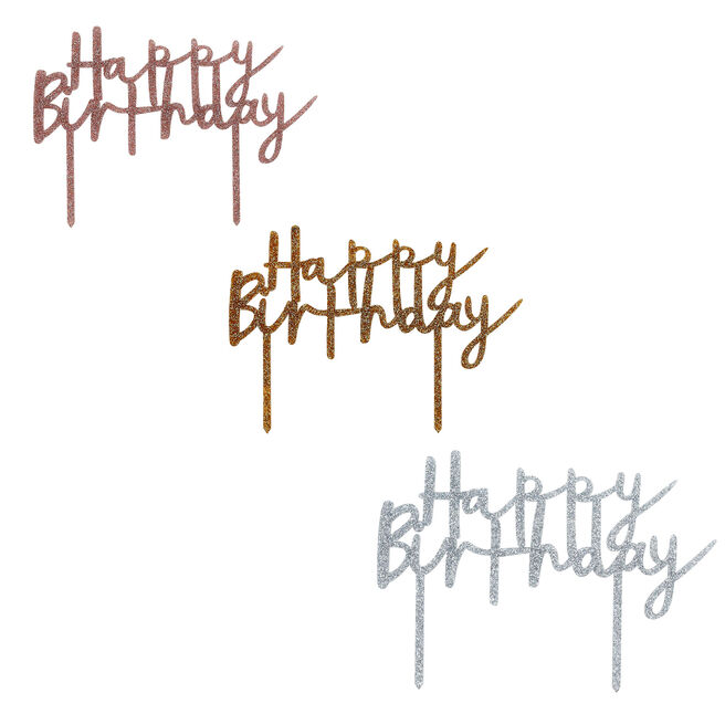 Metallic Happy Birthday Glitter Acrylic Cake Topper (3 Colour Options)