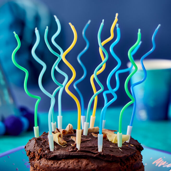Long Blue, Green & Yellow Swirl Cake Candles - Pack of 12