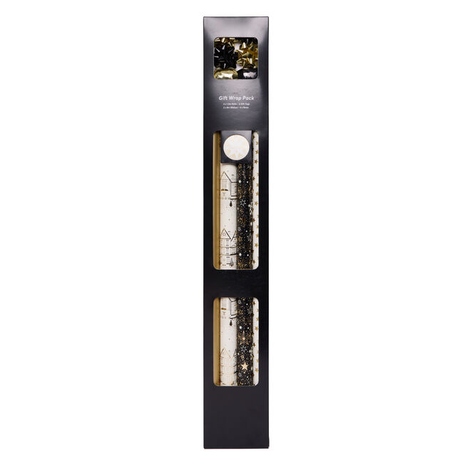 Black & Gold Christmas Gift Wrap Packs - 12 Rolls & Accessories