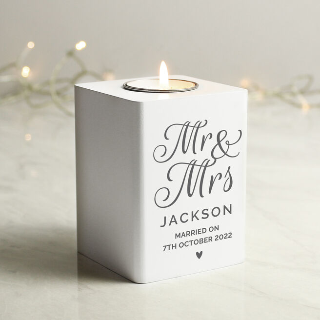 Personalised Mr and Mrs Wooden Tealight Holder 