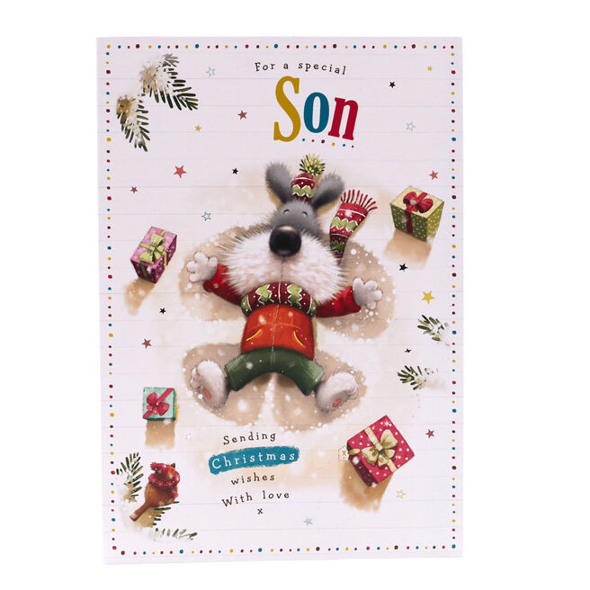 Christmas Card - Son, Cute Dog Snow Angel