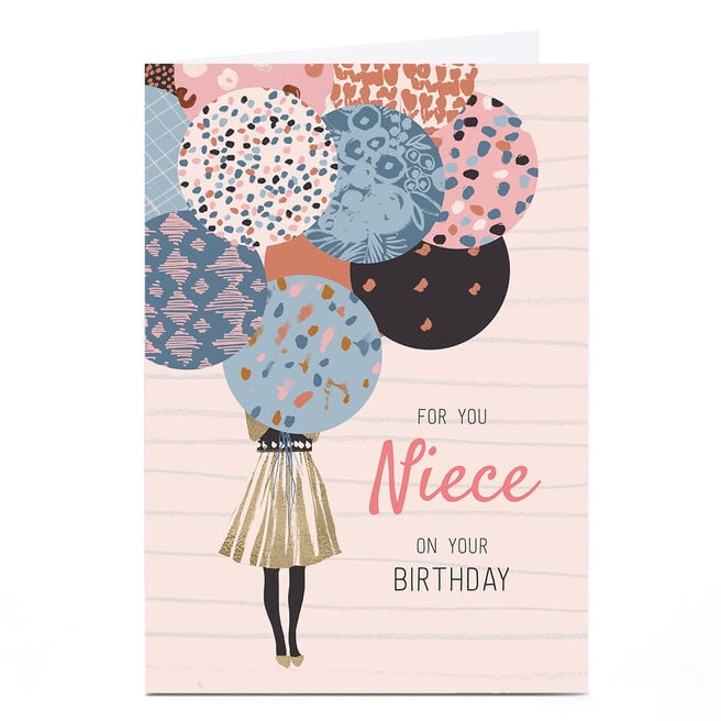 Personalised Rebecca Prinn Birthday Card - Lady Holding Balloons