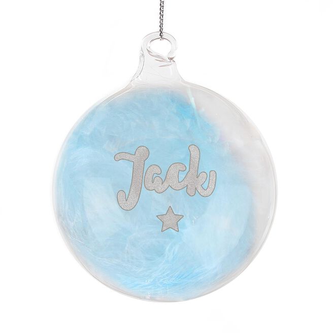 Personalised Blue Feather Silver Star Glass Bauble