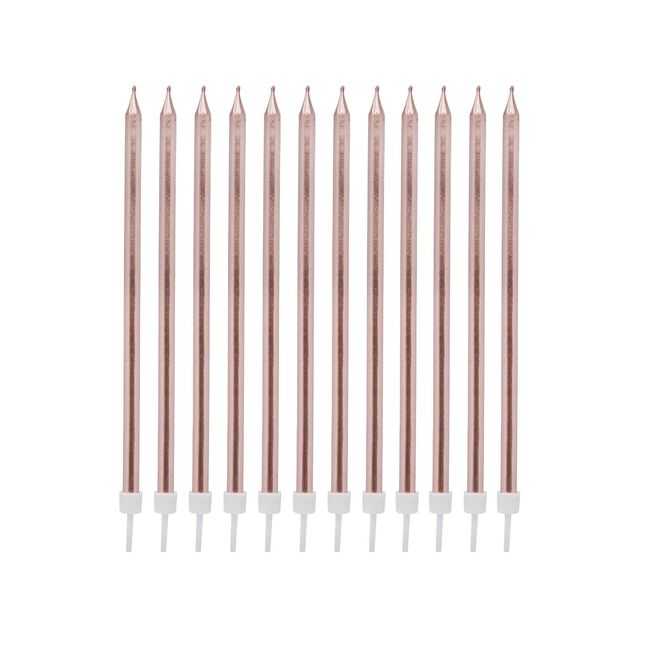 Rose Gold Tall Skinny Cake Candles - Pack of 12