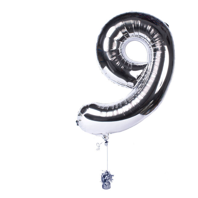 Large Silver Number 9 Inflated Balloon Arrangement 