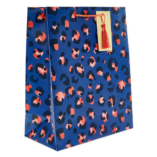 Large Portrait Gift Bag - Blue Leopard Print & Tassel