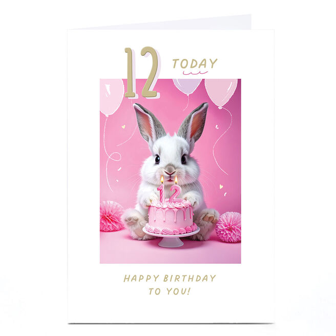 12th Birthday Card - Cute Pink Bunny and Cake