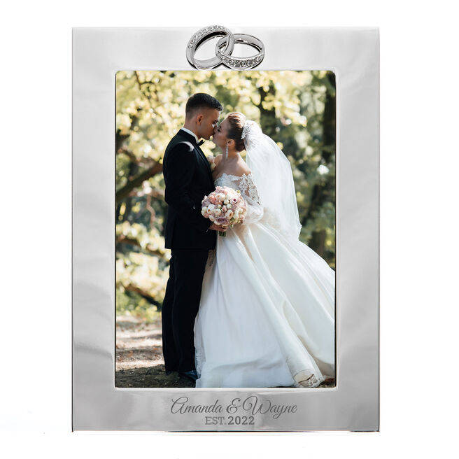 Personalised Engraved Silver-Plated Wedding Photo Frame with Crystal Rings
