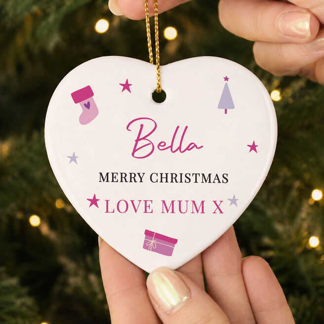 Personalised First Christmas Pink Ceramic Heart Decoration