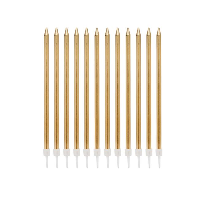 Gold Tall Skinny Cake Candles - Pack of 12