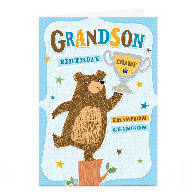 Personalised Birthday Card - Birthday Bear Champion, Grandson