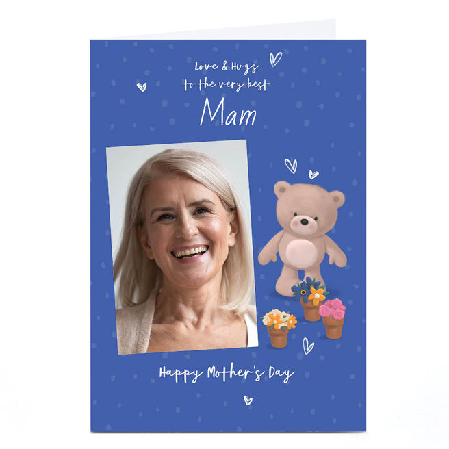 Personalised Mother's Day Card - Hugs Bear with flowers - Mam