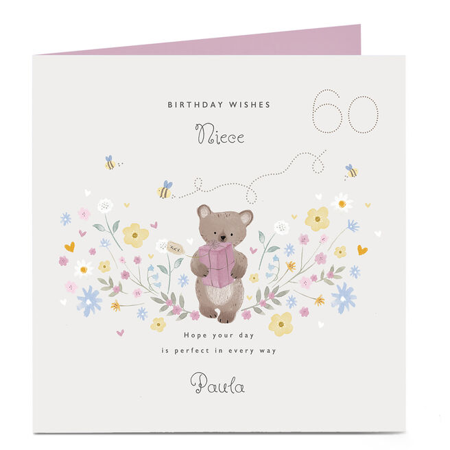 Personalised Birthday Card -  Bear & Flowers, Editable Age