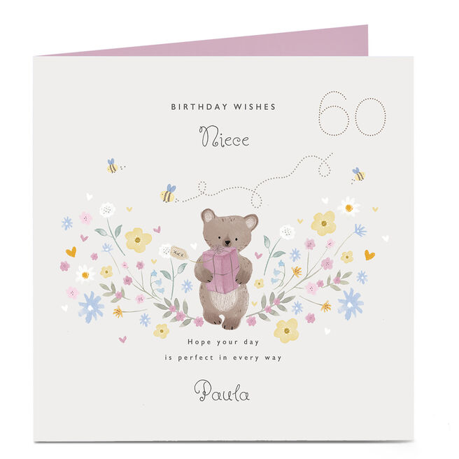 Personalised Birthday Card - Any Age Bear & Flowers