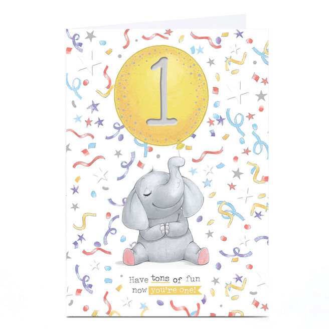 1st Birthday Card - Tons of Fun Now You're One Baby Elephant