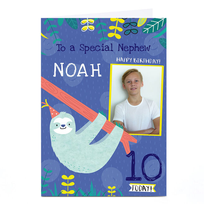 Photo Juniper & Rose Birthday Card - Nephew Sloth, Editable Age