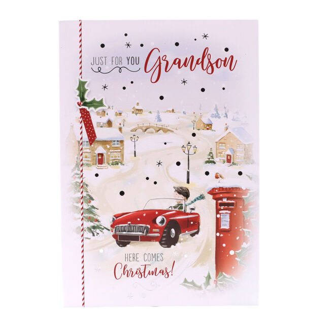 Christmas Card - Grandson, Cute Red Car In The Snow