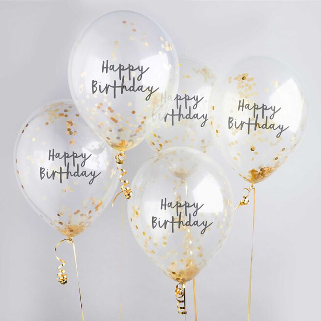 Metallic Gold Happy Birthday Confetti 12 Inch Latex Balloons - Pack of 5