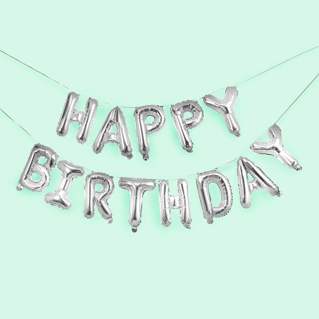 Metallic Silver Happy Birthday 16 Foil Balloon Garland