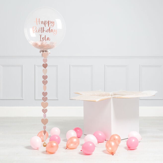 Personalised Rose Gold Heart Confetti Bubblegum Balloon & Minis - DELIVERED INFLATED!