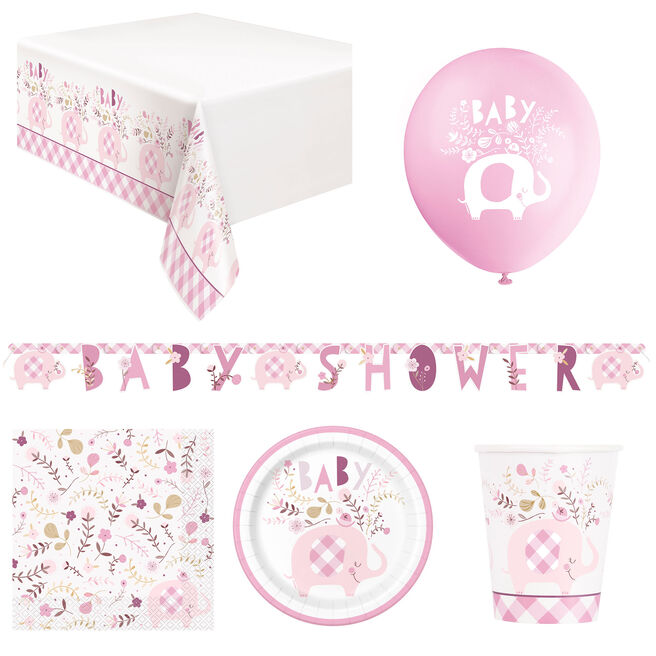 Pink Elephant Baby Shower Tableware & Decorations - 16 Guests 