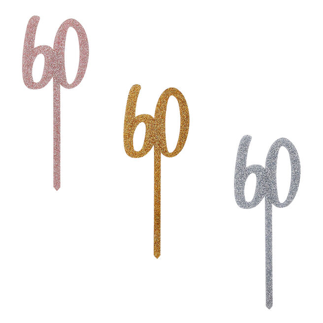 Metallic 60 Glitter Acrylic Cake Topper (3 Colour Options)