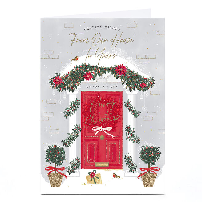 Personalised Christmas Card - Red Door with Wreaths, From Our House to Yours