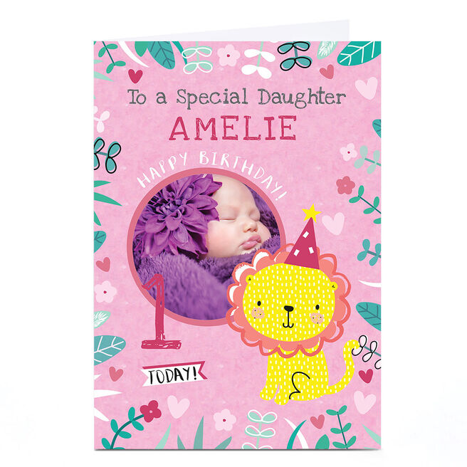 Photo Juniper & Rose Birthday Card - Pink Lion, Editable Age