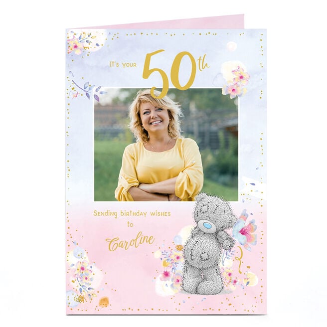 Photo Tatty Teddy 50th Birthday Card - Bear with Flowers