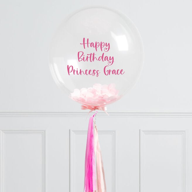 Personalised 20-Inch Baby Pink Confetti Tassel Bubblegum Balloon - DELIVERED INFLATED!