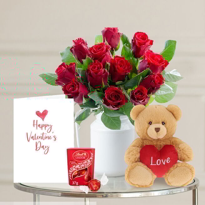 12 Red Roses, Lindor Chocolates, Bear & Valentine's Card Bundle - Free Delivery!