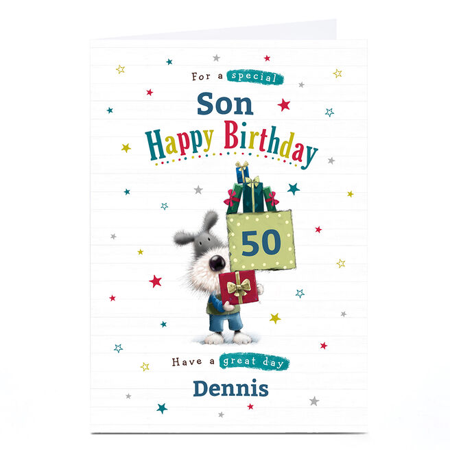 Personalised Birthday Card - Dog & Gifts Have A Great Day, Editable Age