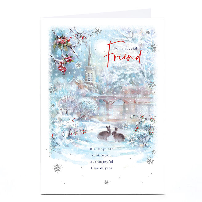 Christmas Card - Friend - Rabbits snowy scene,  Christmas Card - Friend - Rabbits snowy scene