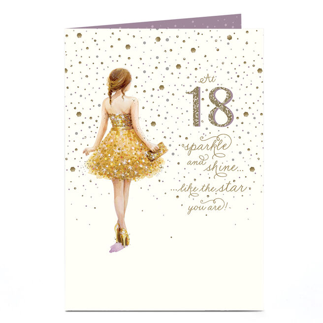 18th Birthday Card - Sparkle and Shine Gold Dress