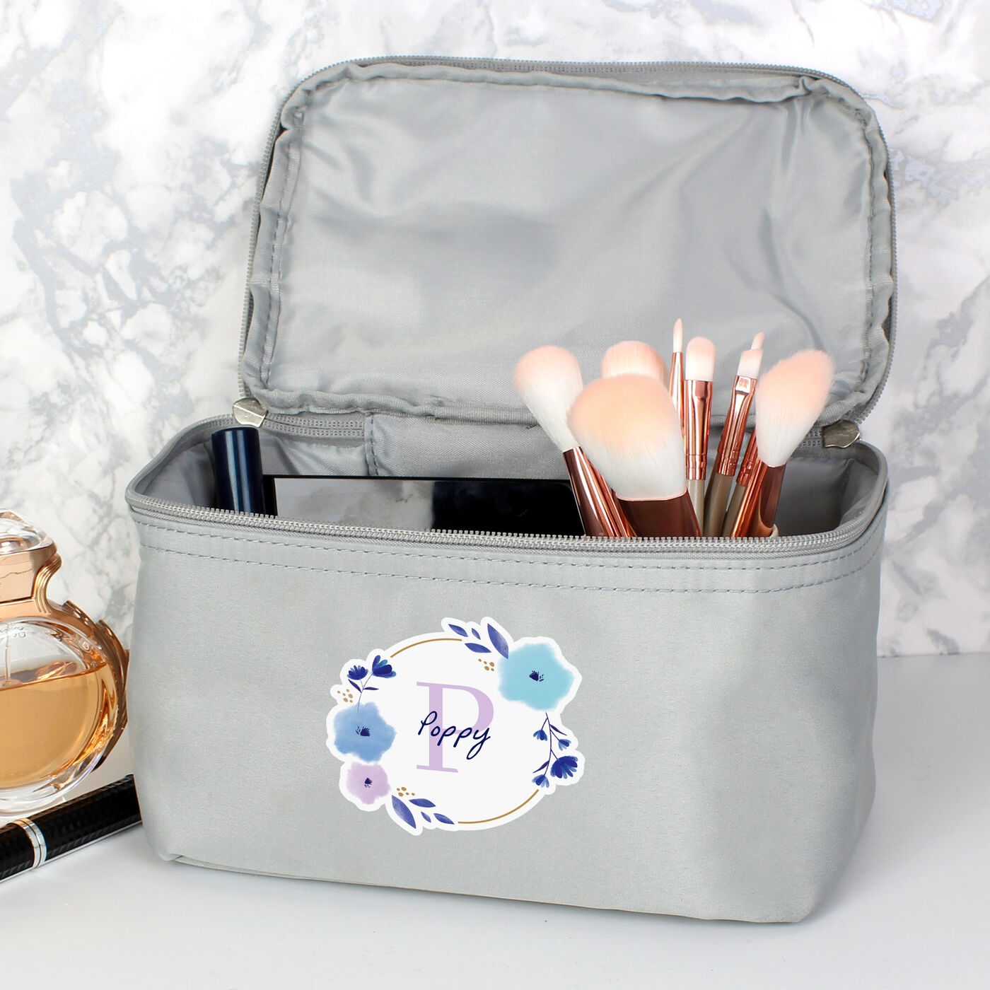 Buy Personalised Floral Initial Grey Make Up Case for GBP 19.99 Card