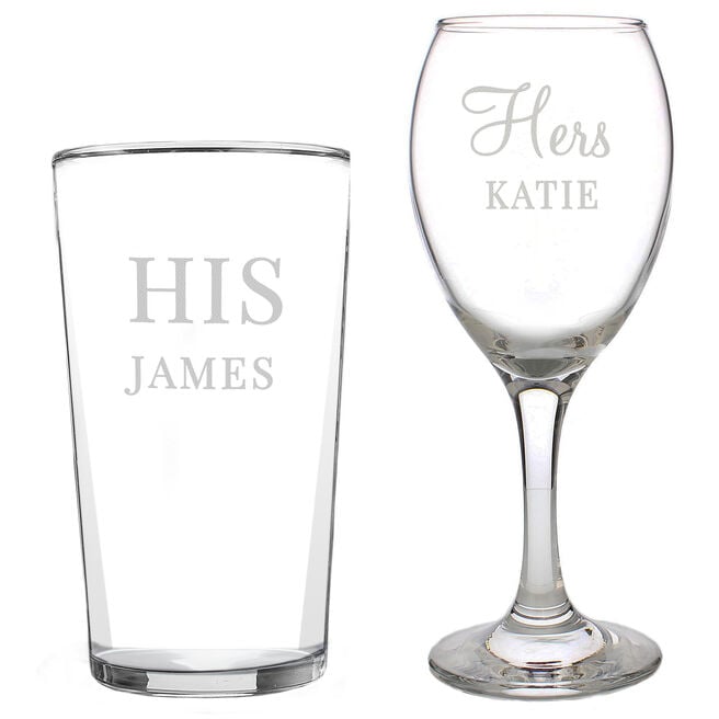 Personalised His & Her's Wine & Pint Glass set 