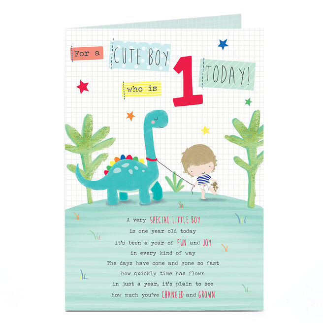 1st Birthday Card - Boy With Dinosaur