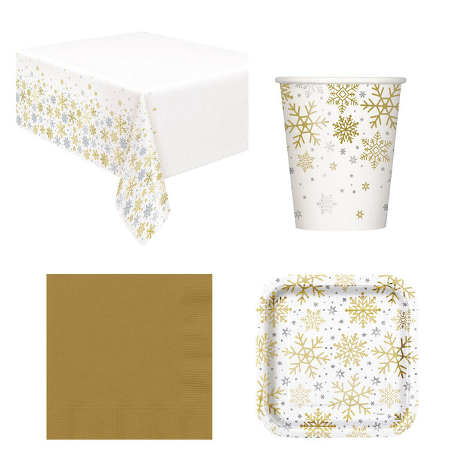 Silver & Gold Snowflakes Party Tableware Bundle - 16 Guests