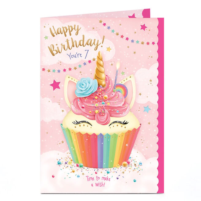7th Birthday Card - Unicorn Cupcake Make a Wish