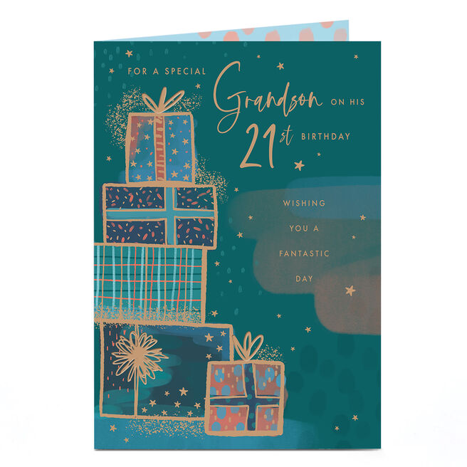 21st Birthday Card - Pile of Presents, Grandson