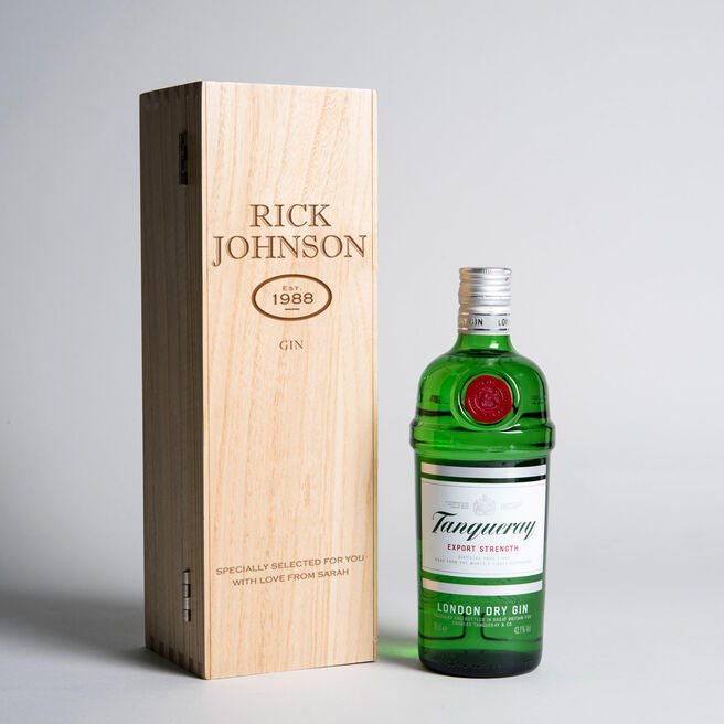 Engraved Wooden Box With Tanqueray Gin - Message